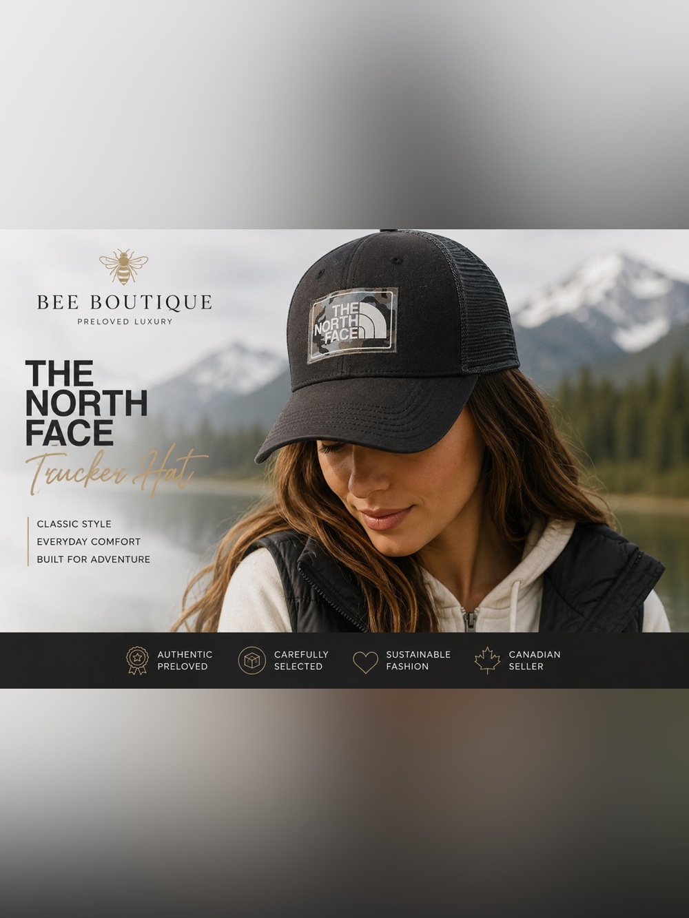 The North Face Black Trucker Hat Camo Logo Patch Mesh Snapback Baseball Cap